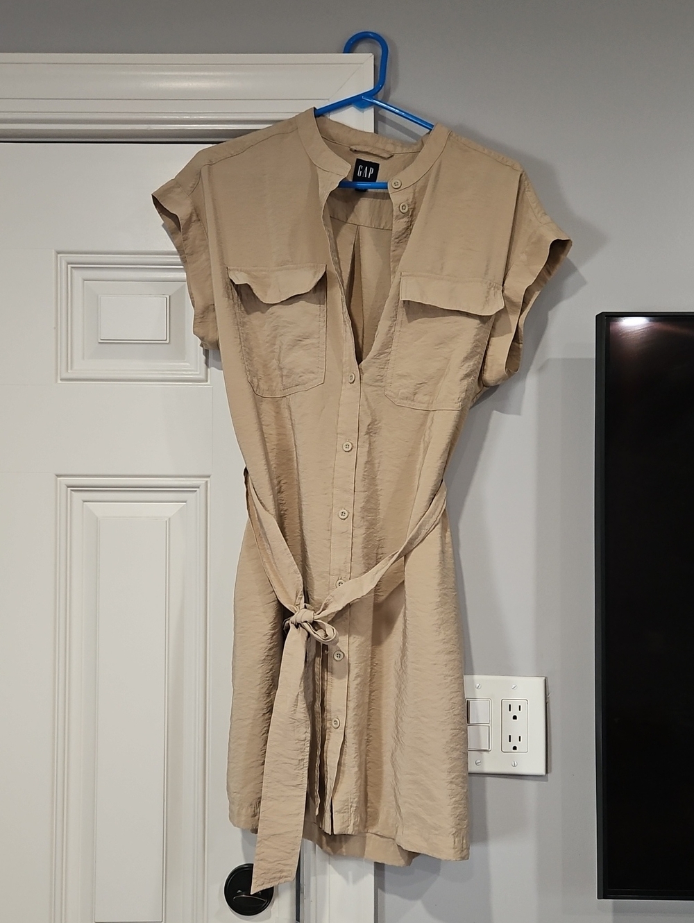GAP Tan Short-Sleeve Button-Front Tie-Waist Mini Dress